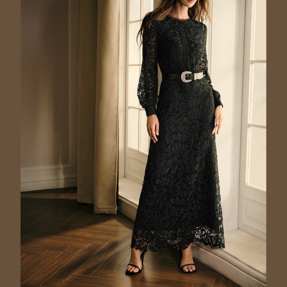 Black Lace Long Sleeve Scalloped Hem Maxi Dress